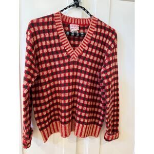 Vintage English Lang’s Akron 100% Wool Green Red & Cream Plaid Sweater Size M